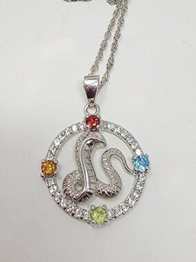 Sterling Silver 925 Snake Serpent Pendant Multicolor Gemstone Halo Necklace